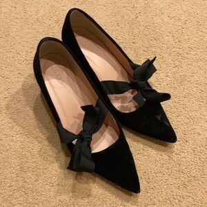 J Crew Elwood velvet low block heels with grosgrain bow